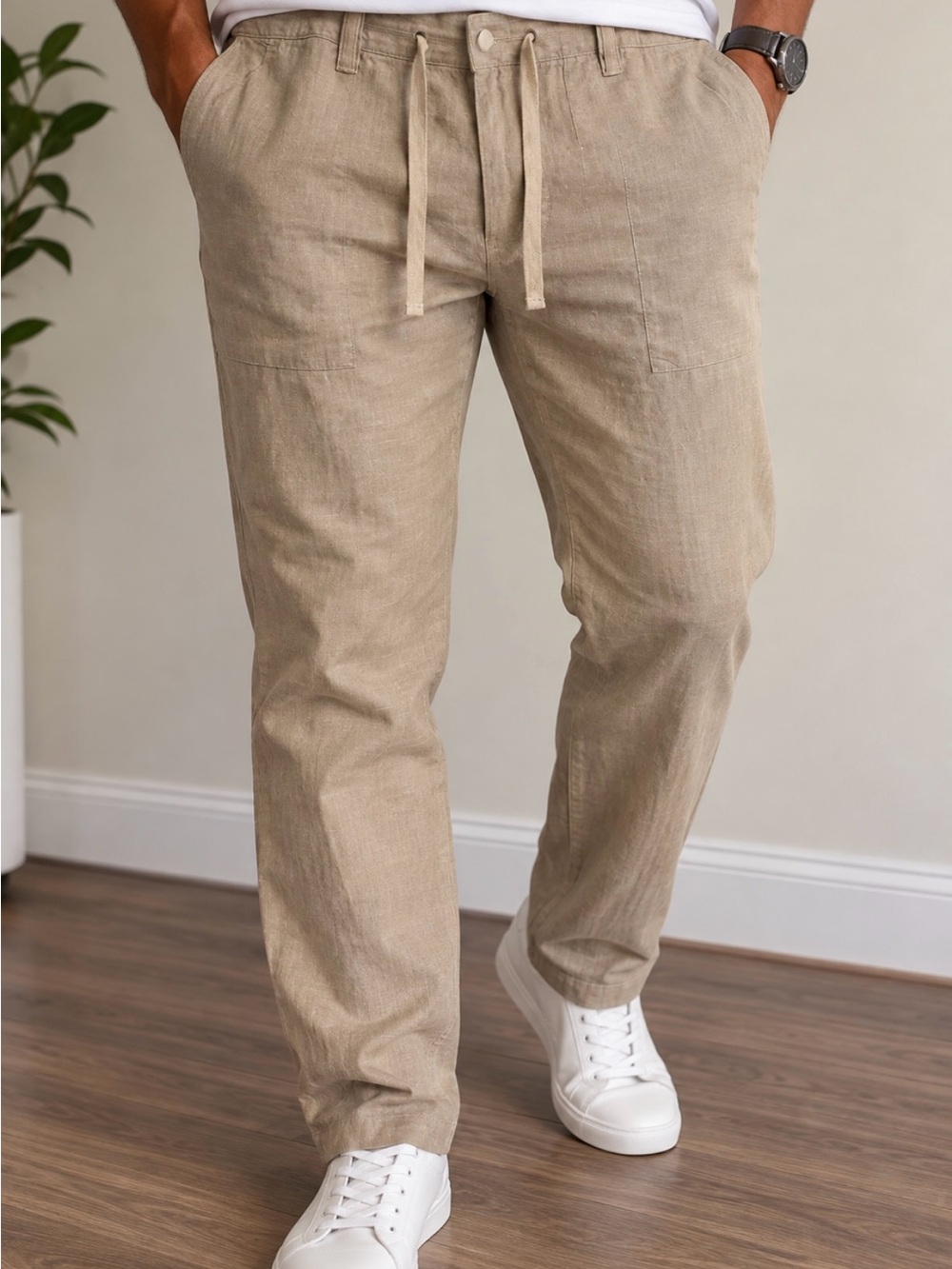 Madda Fella Men’s Large 100% Linen Drawstring Pants Beige Key West